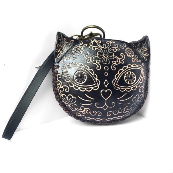 Genuine Leather Handmade Sugar Skull Kitty Coin Purse Wristlet - Picture 2 of 4